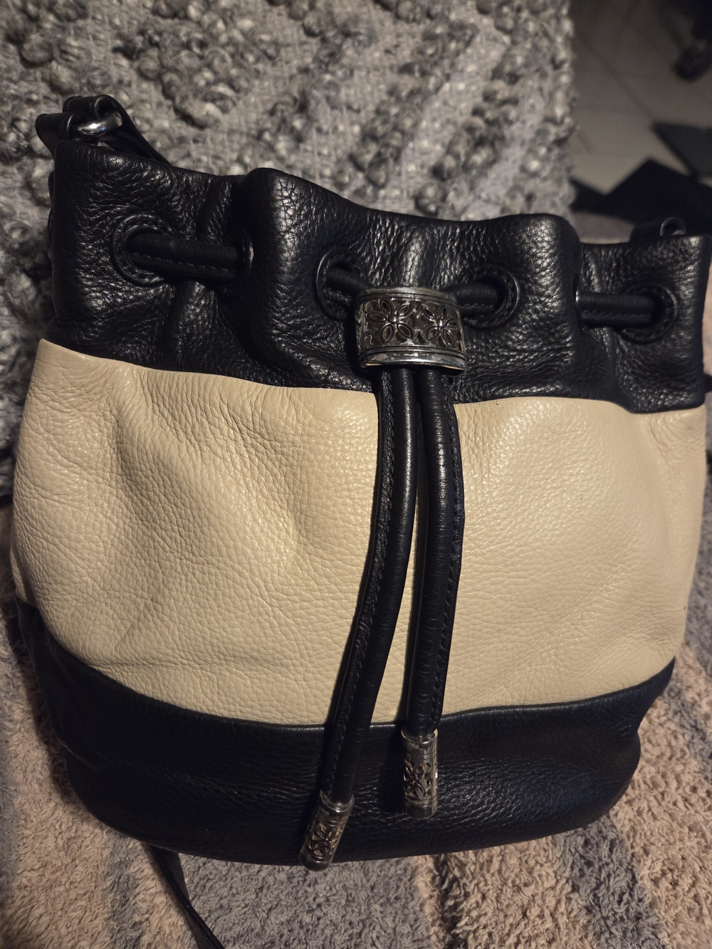 Brighton Black and Cream Leather Drawstring Bucket Shoulder Bag